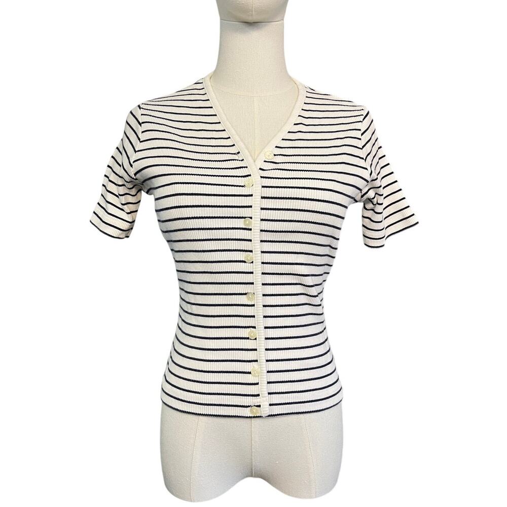 BP Nordstrom Y2K Striped Ribbed Baby Tee Button Front Fitted Top Size S Cotton